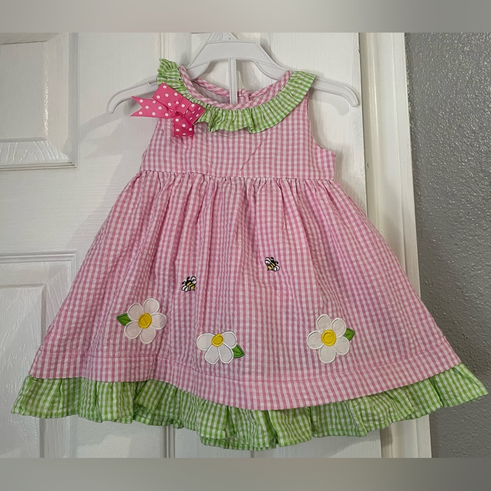 Rare Editions Pink and Green Gingham Daisy Dress